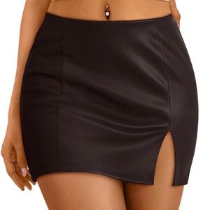 Brown Faux Leather Mini Skirt with Slit